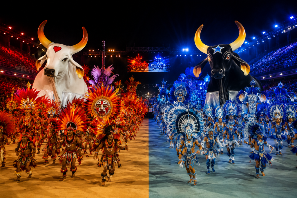 Apresentação dos bois Garantido e Caprichoso no Bumbódromo durante o Festival de Parintins 2026 no Amazonas.
